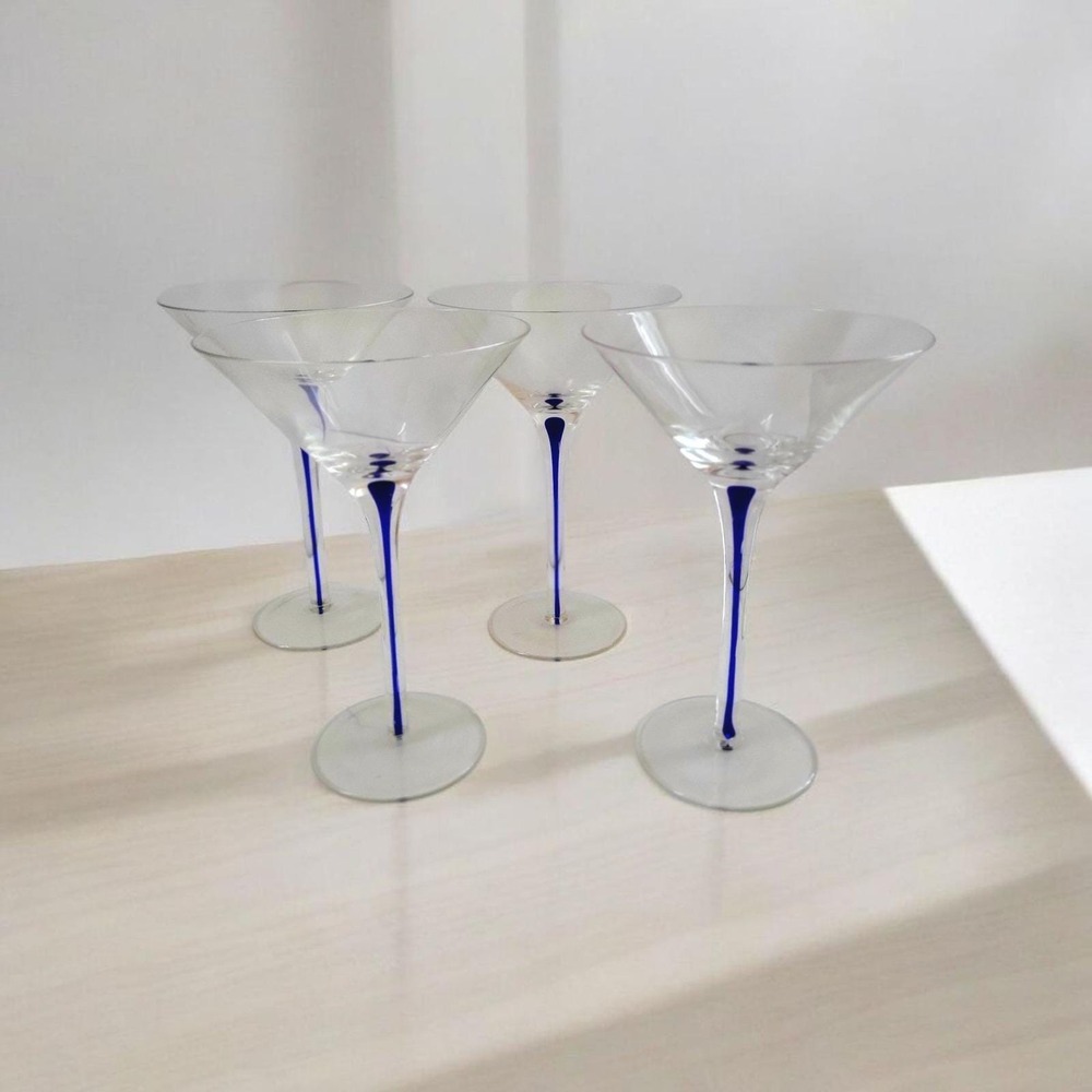 Vintage Martini Glass Cobalt Blue Stem Teardop‎ drip Blown Glass Martini Glasses